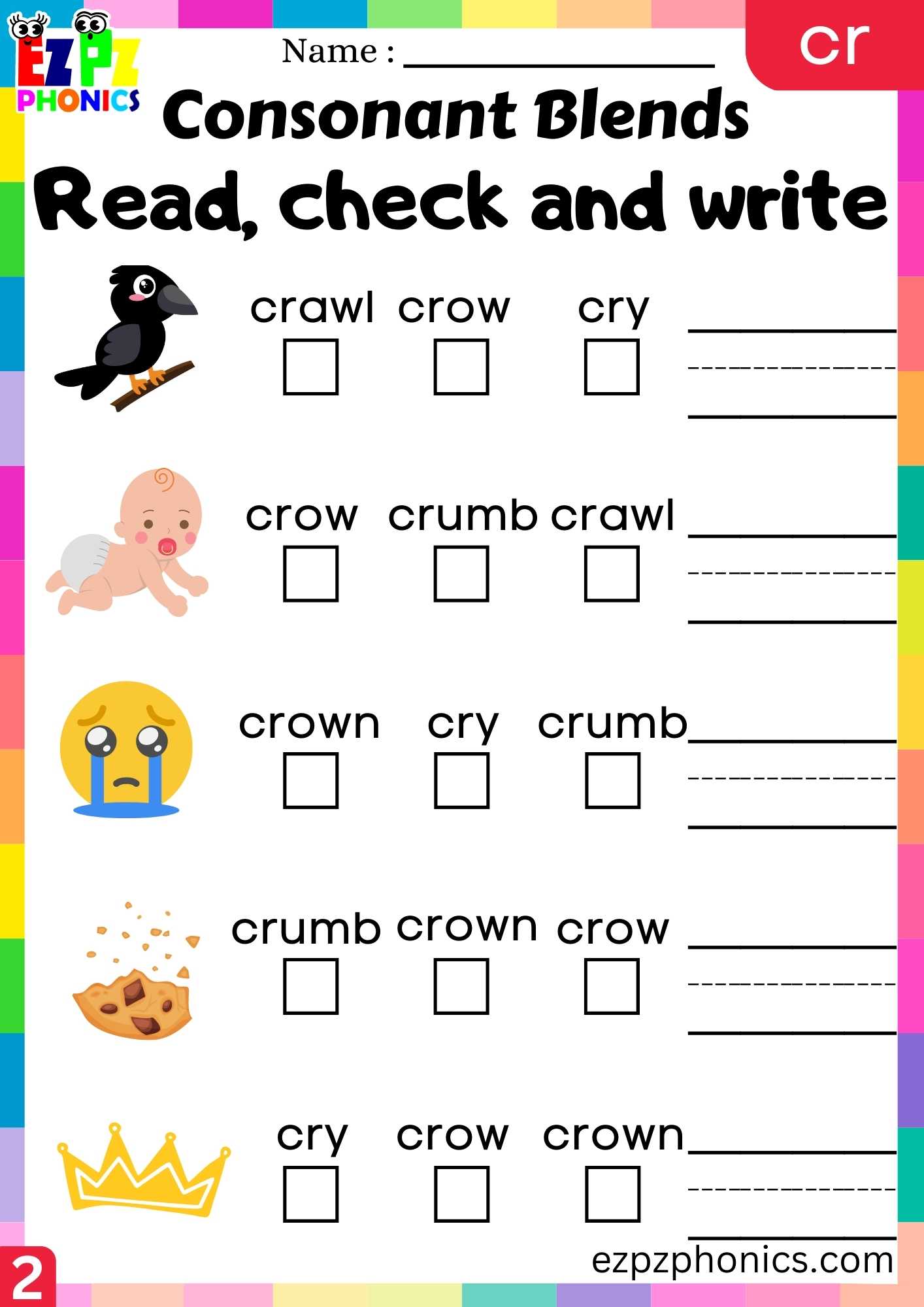 Group2 CR Words Read, Check And Write Phonics Consonant Blends Worksheet